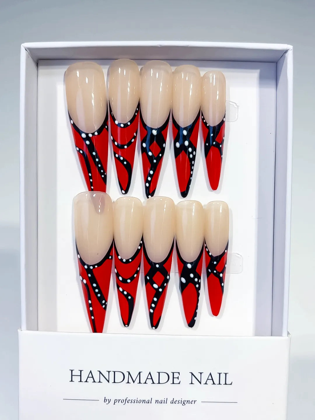 K011 - Long Nude Red Stiletto Abstract Dot