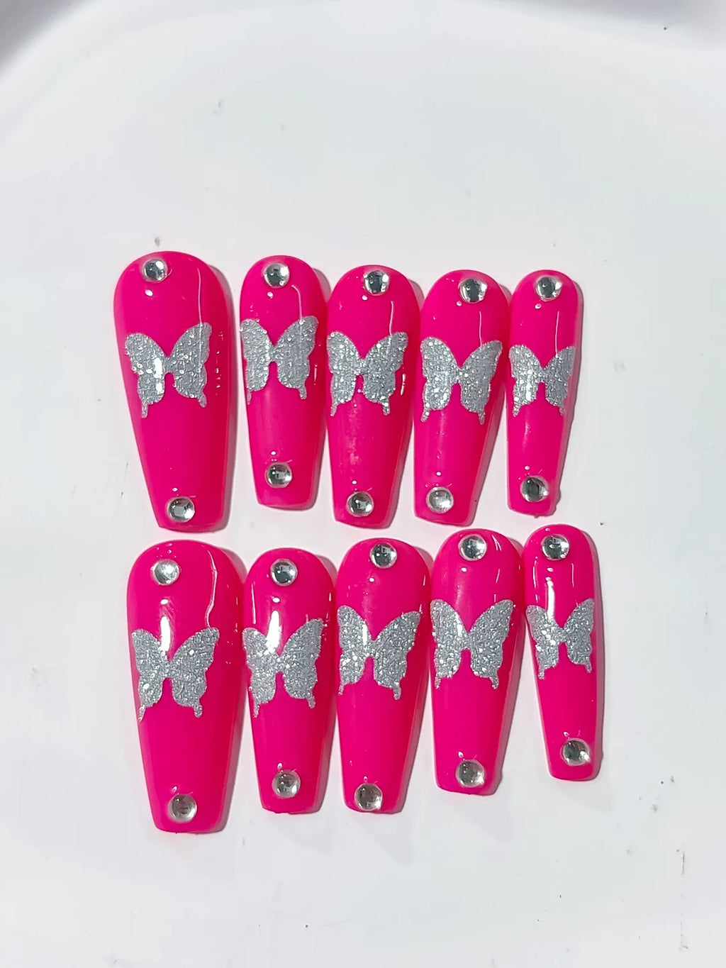 K012 - Long Pink Silver Coffin Solid color Butterfly Rhinestone