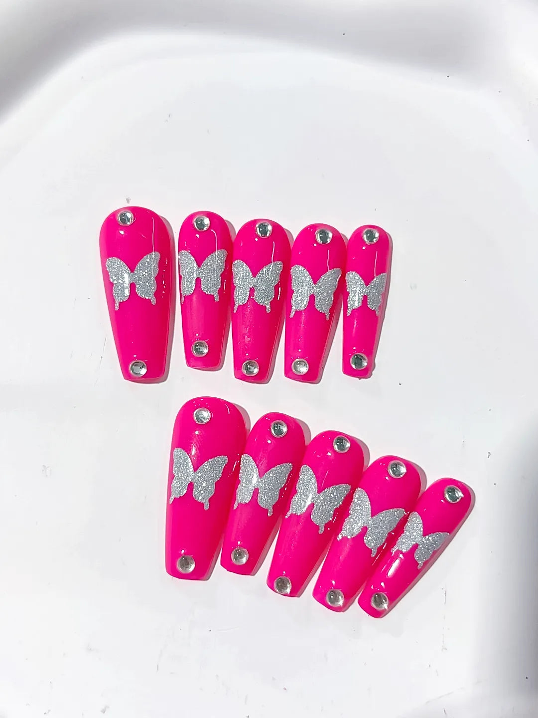 K012 - Long Pink Silver Coffin Solid color Butterfly Rhinestone