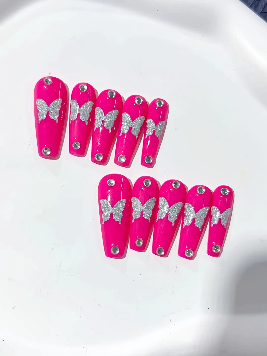 K012 - Long Pink Silver Coffin Solid color Butterfly Rhinestone