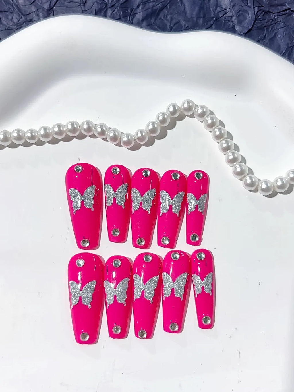K012 - Long Pink Silver Coffin Solid color Butterfly Rhinestone
