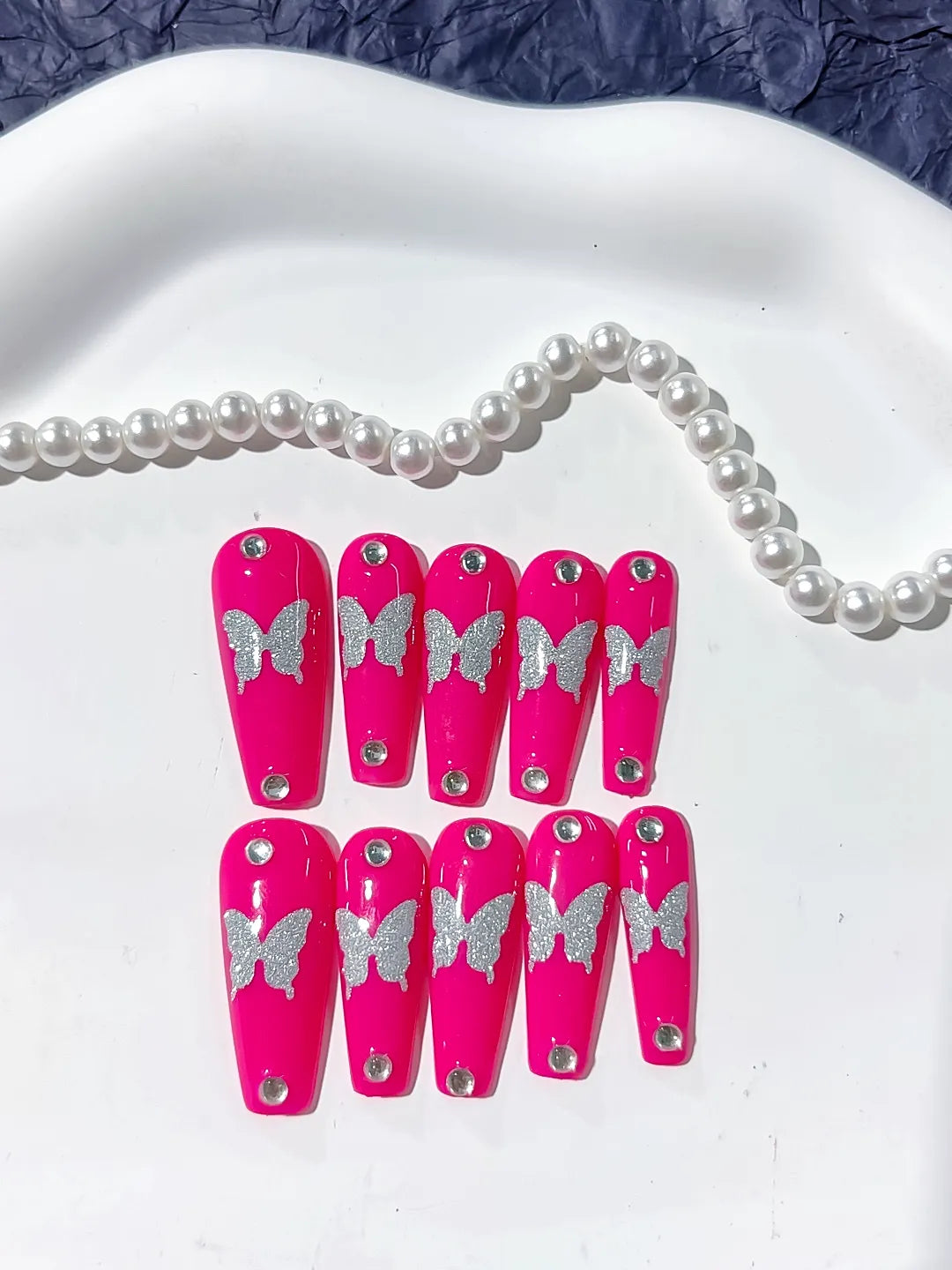 K012 - Long Pink Silver Coffin Solid color Butterfly Rhinestone