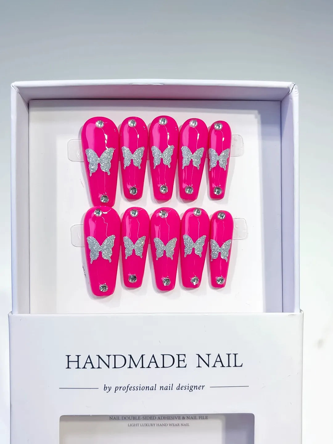 K012 - Long Pink Silver Coffin Solid color Butterfly Rhinestone