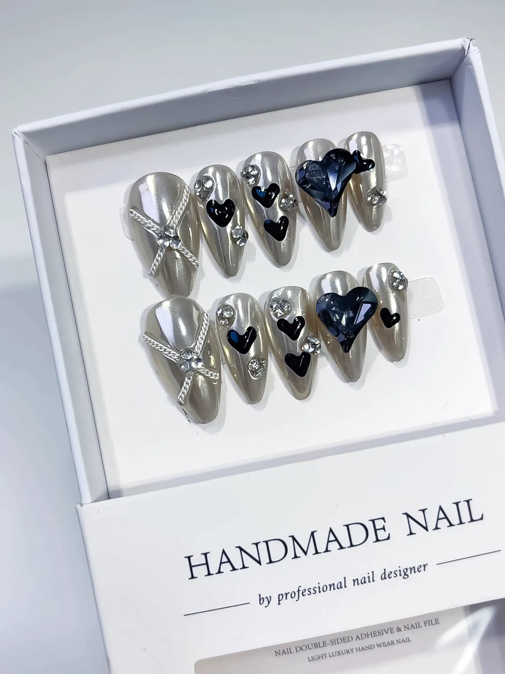 K013 - Medium Silver Black Almond Metallic Heart Bow