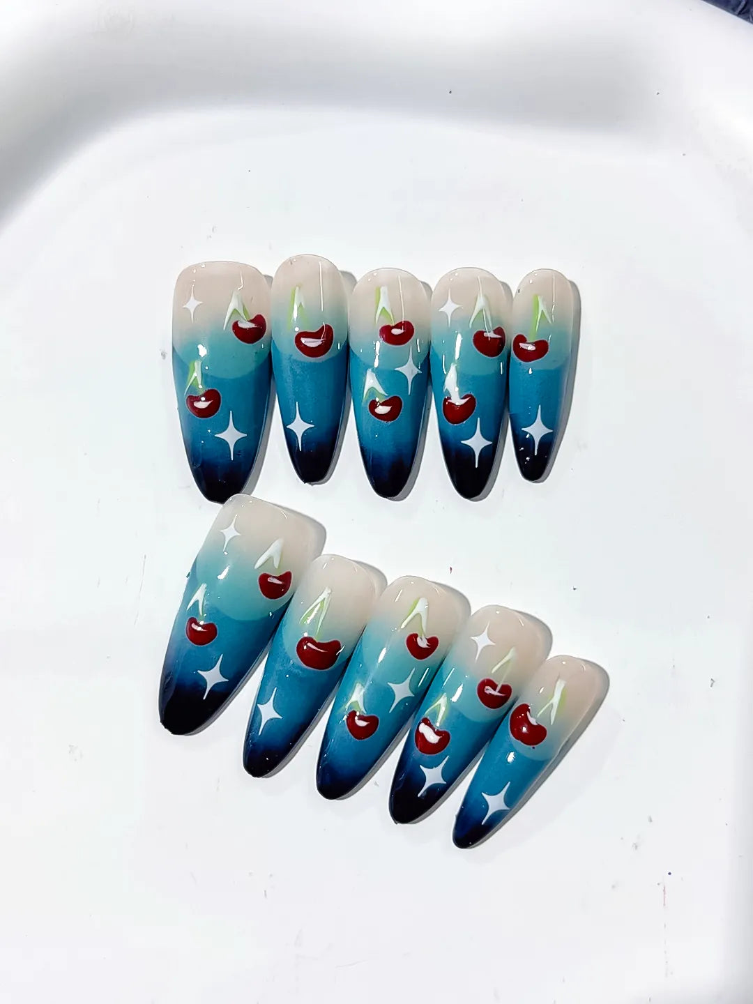 K014 - Long Blue Nude Oval Floral Cherry Star