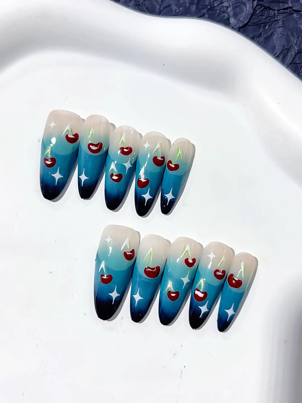 K014 - Long Blue Nude Oval Floral Cherry Star