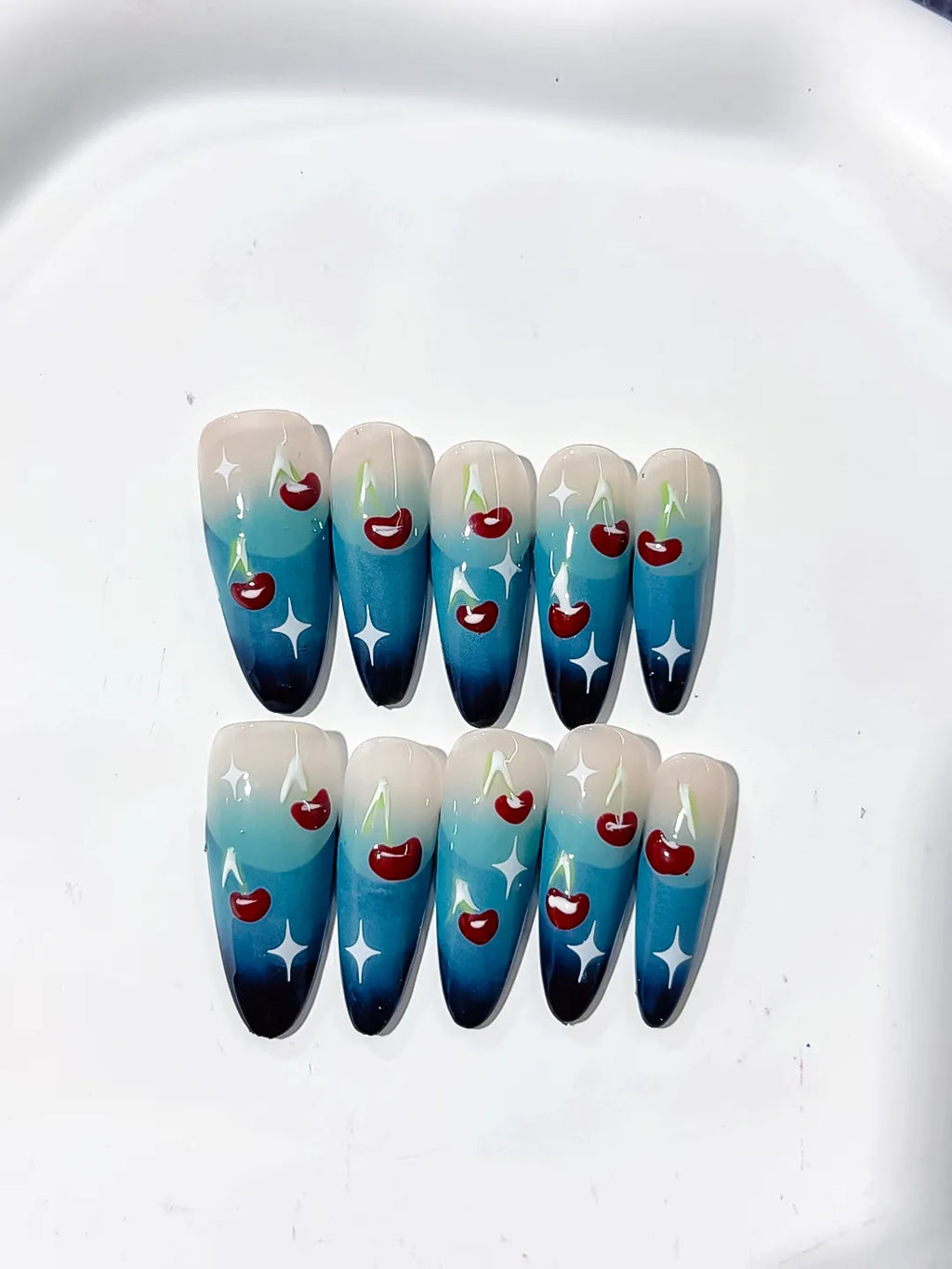 K014 - Long Blue Nude Oval Floral Cherry Star