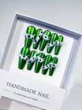 K015 - Long Green Silver Coffin Metallic Lace 3D