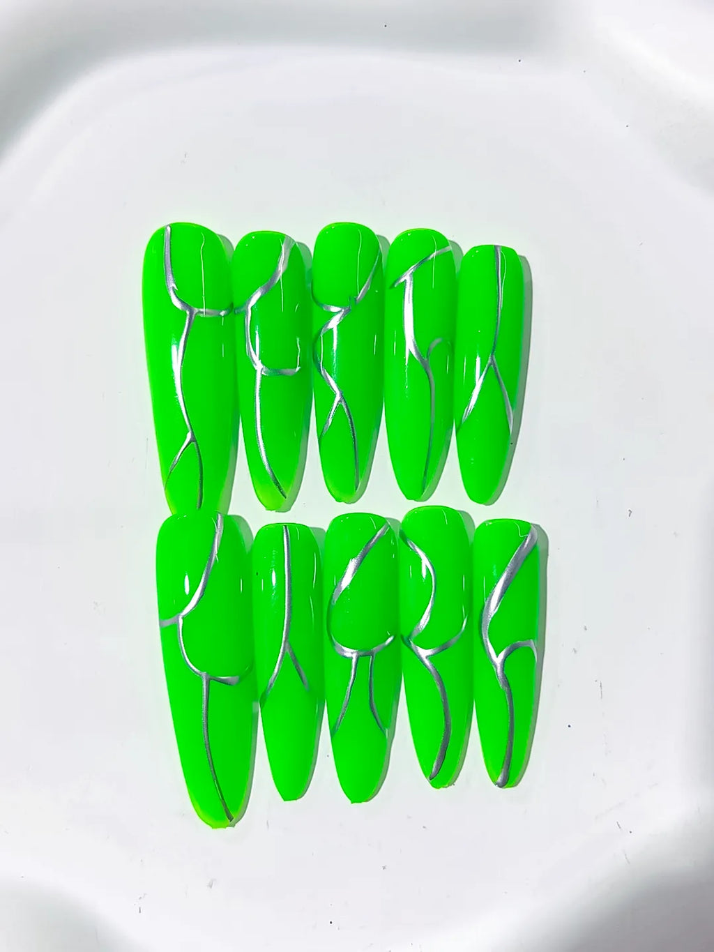 K016 - Long Green Silver Oval Abstract Metallic Accent