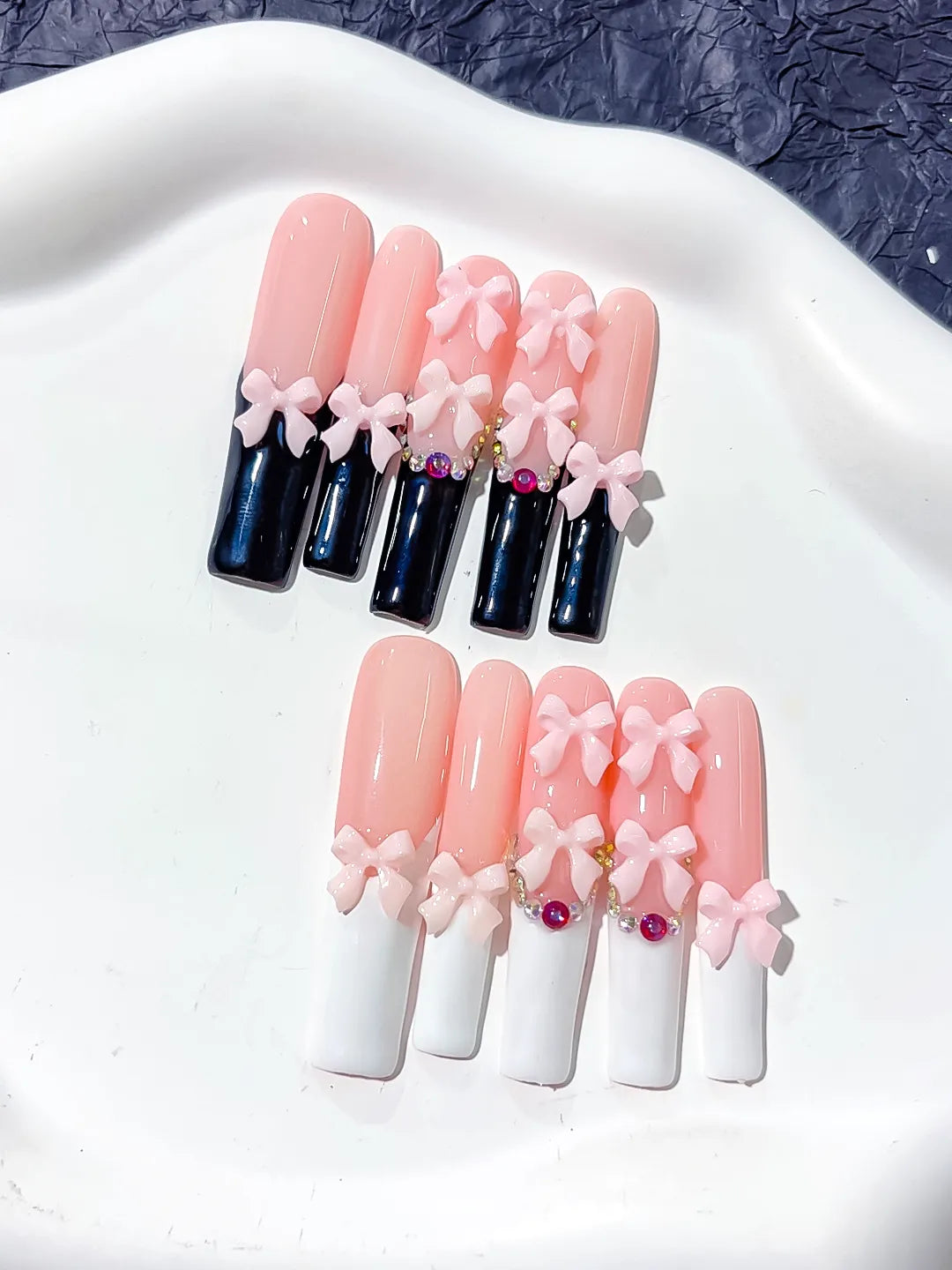 K017 - Long Pink Black Square French tip Bow Rhinestone