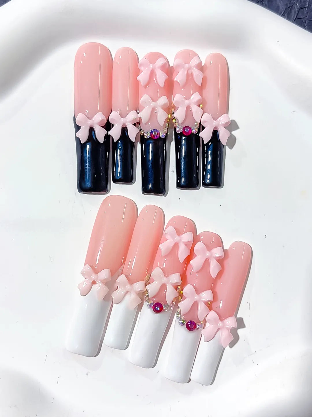 K017 - Long Pink Black Square French tip Bow Rhinestone