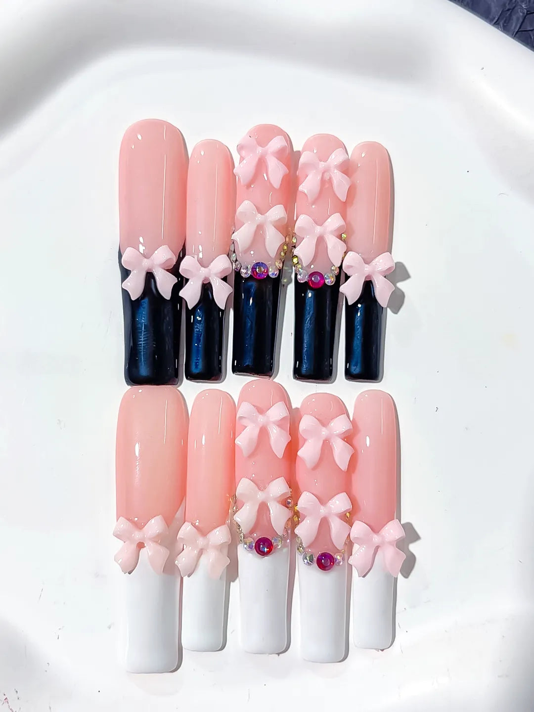 K017 - Long Pink Black Square French tip Bow Rhinestone