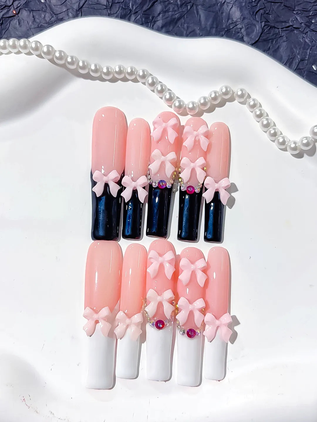 K017 - Long Pink Black Square French tip Bow Rhinestone