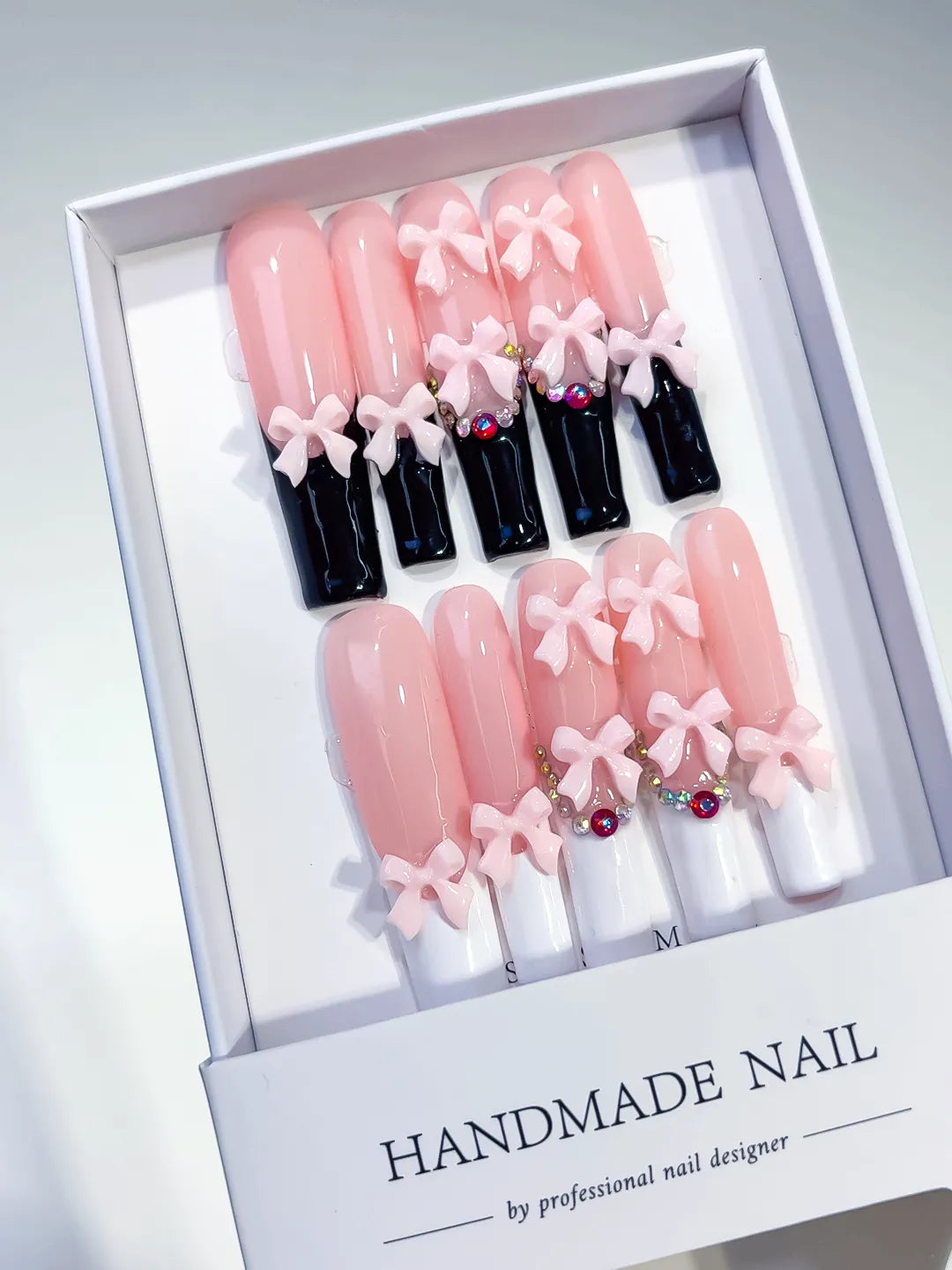 K017 - Long Pink Black Square French tip Bow Rhinestone