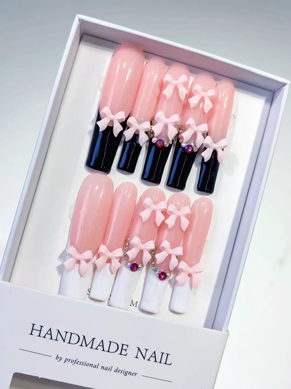 K017 - Long Pink Black Square French tip Bow Rhinestone