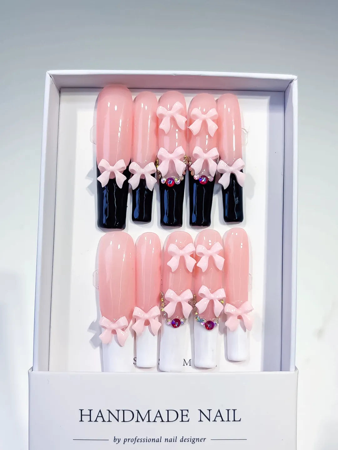K017 - Long Pink Black Square French tip Bow Rhinestone