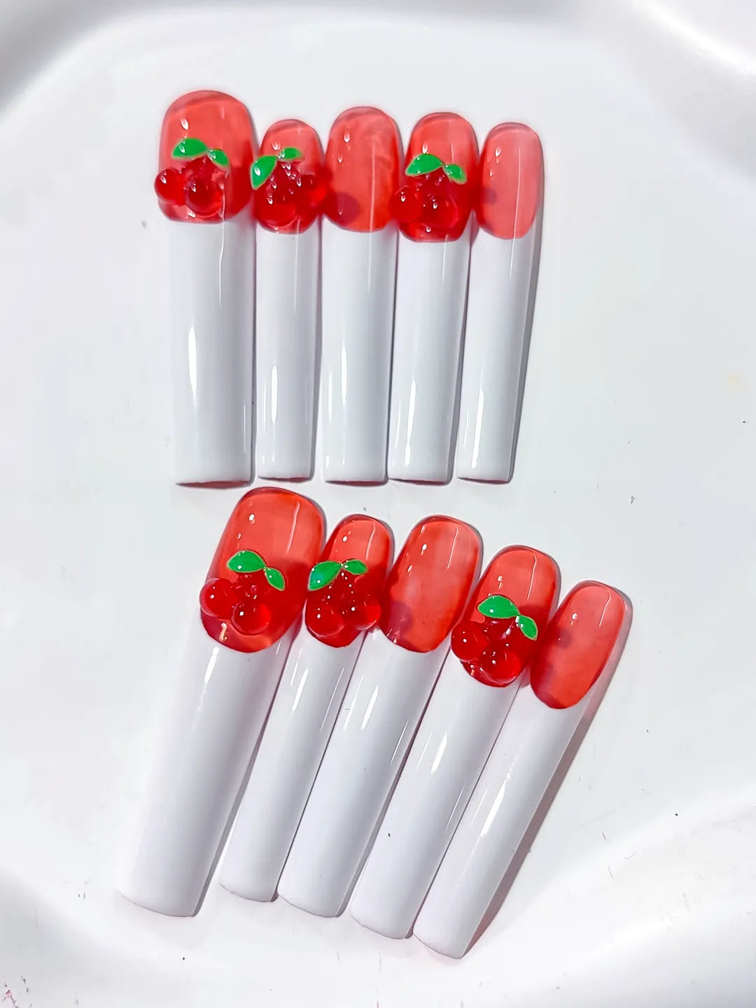 K019 - Long Red White Square Floral Cherry