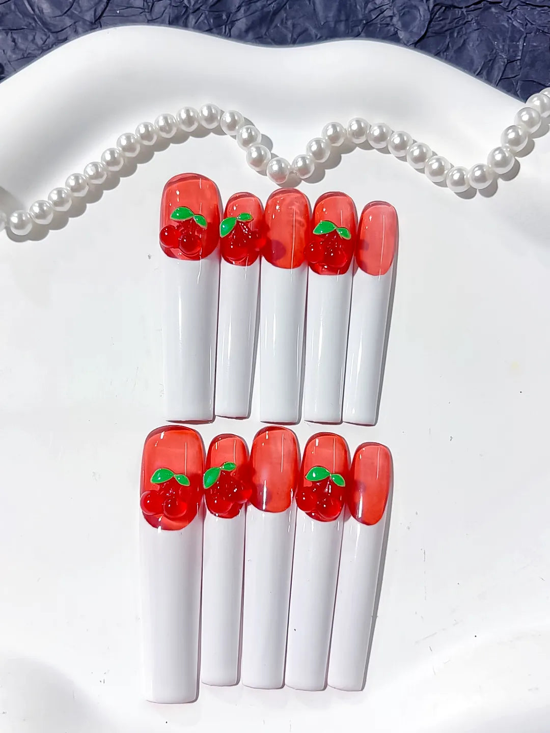 K019 - Long Red White Square Floral Cherry
