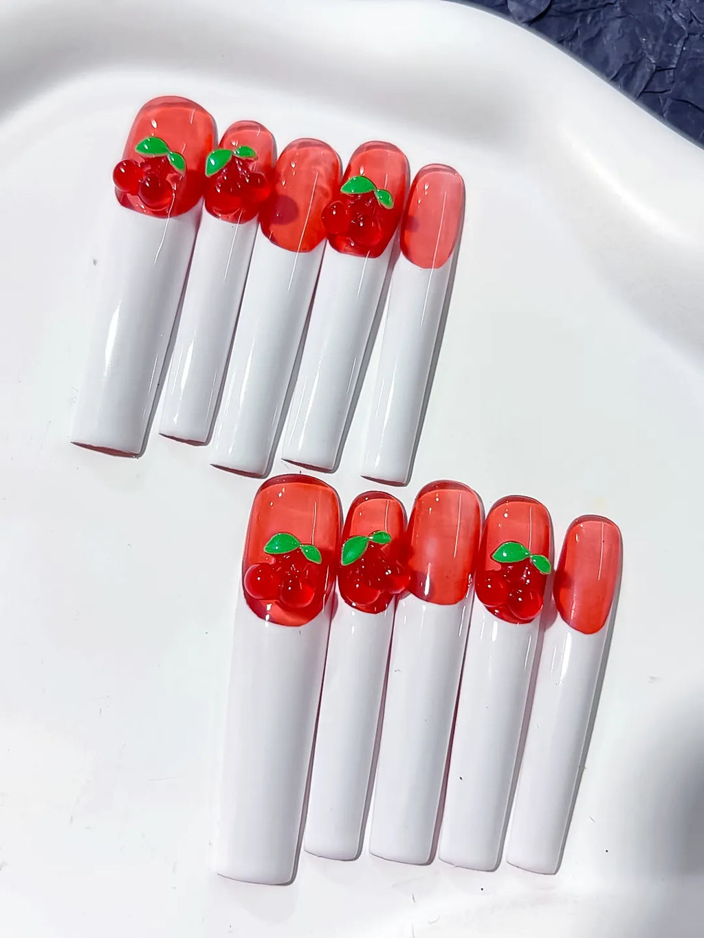 K019 - Long Red White Square Floral Cherry