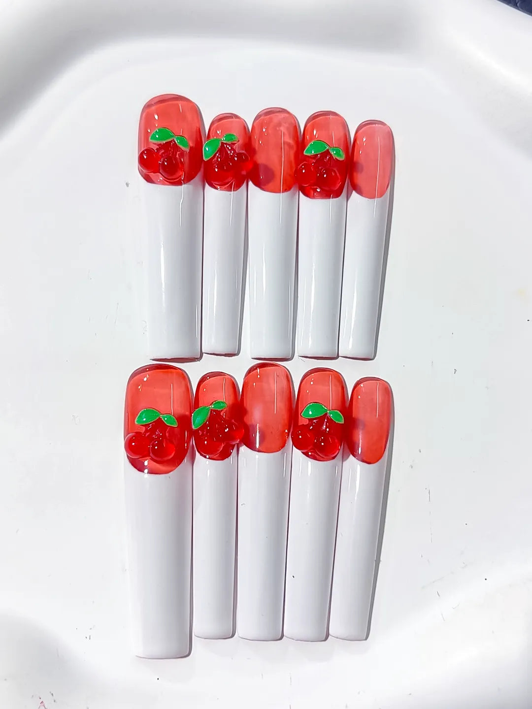 K019 - Long Red White Square Floral Cherry
