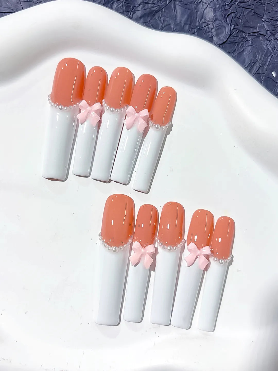 K022 - Long Orange White Square French tip Bow Pearl
