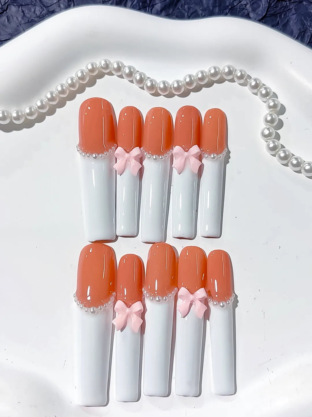 K022 - Long Orange White Square French tip Bow Pearl