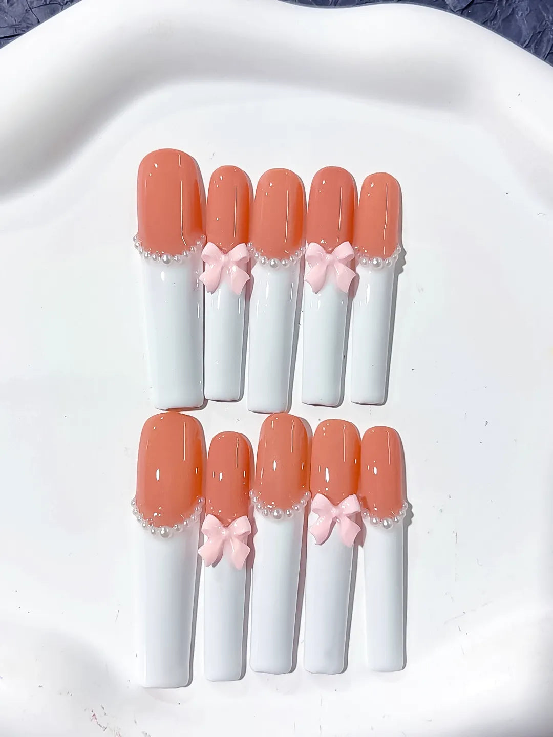 K022 - Long Orange White Square French tip Bow Pearl