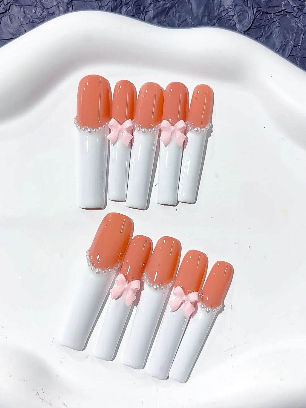 K022 - Long Orange White Square French tip Bow Pearl