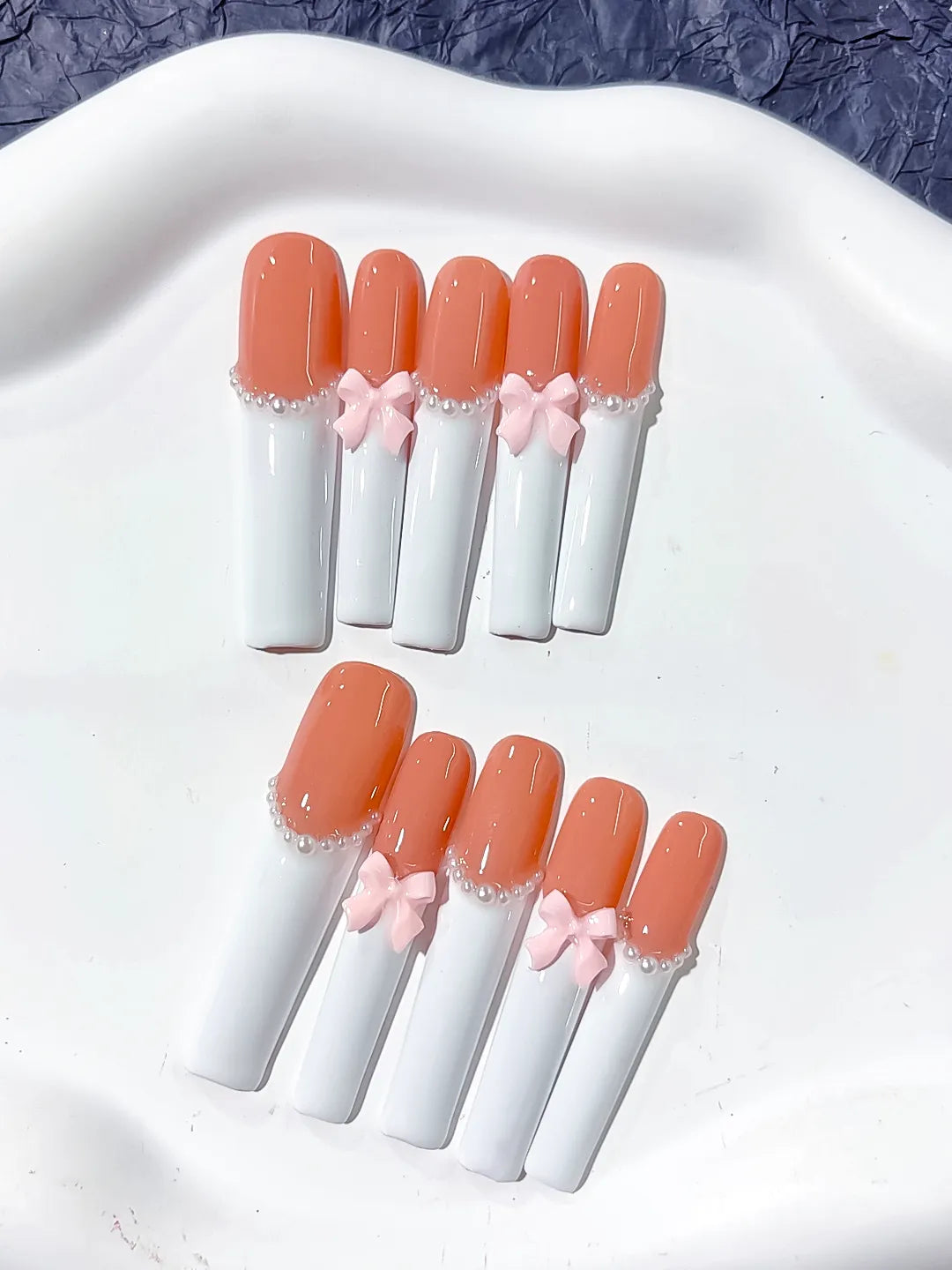 K022 - Long Orange White Square French tip Bow Pearl
