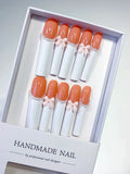 K022 - Long Orange White Square French tip Bow Pearl