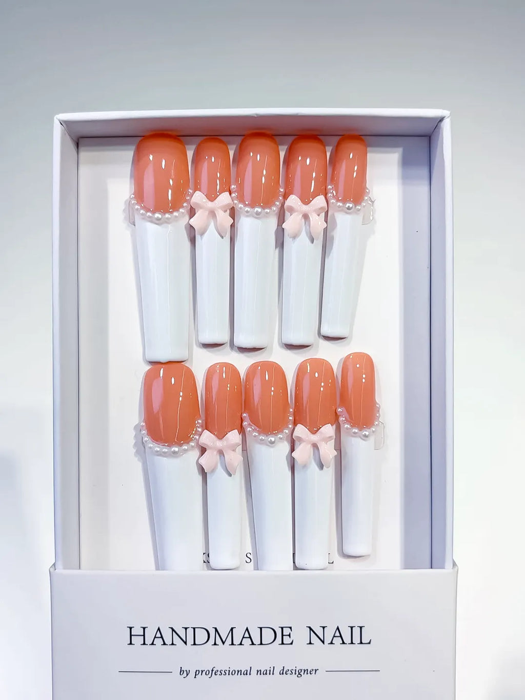 K022 - Long Orange White Square French tip Bow Pearl