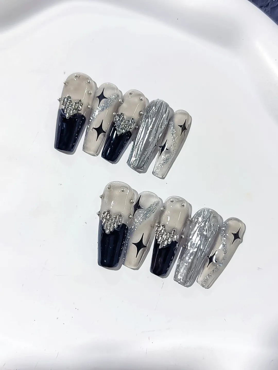 K023 - Long Silver Black Coffin Metallic Rhinestone Star