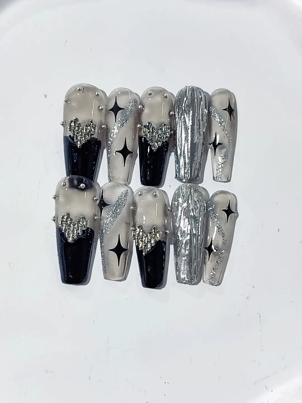 K023 - Long Silver Black Coffin Metallic Rhinestone Star