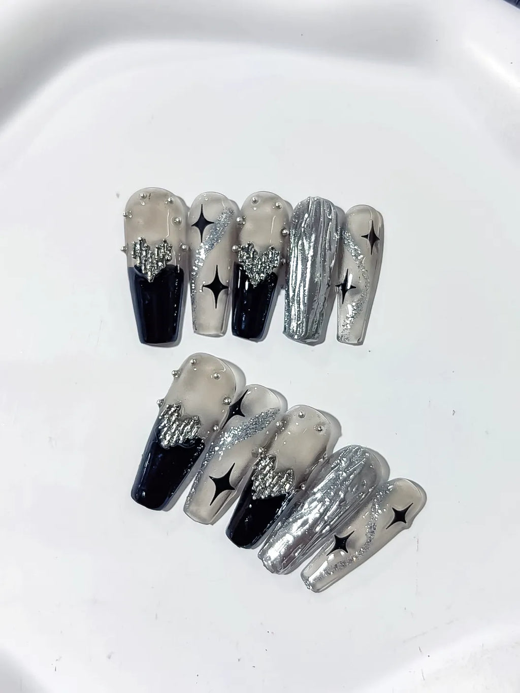 K023 - Long Silver Black Coffin Metallic Rhinestone Star