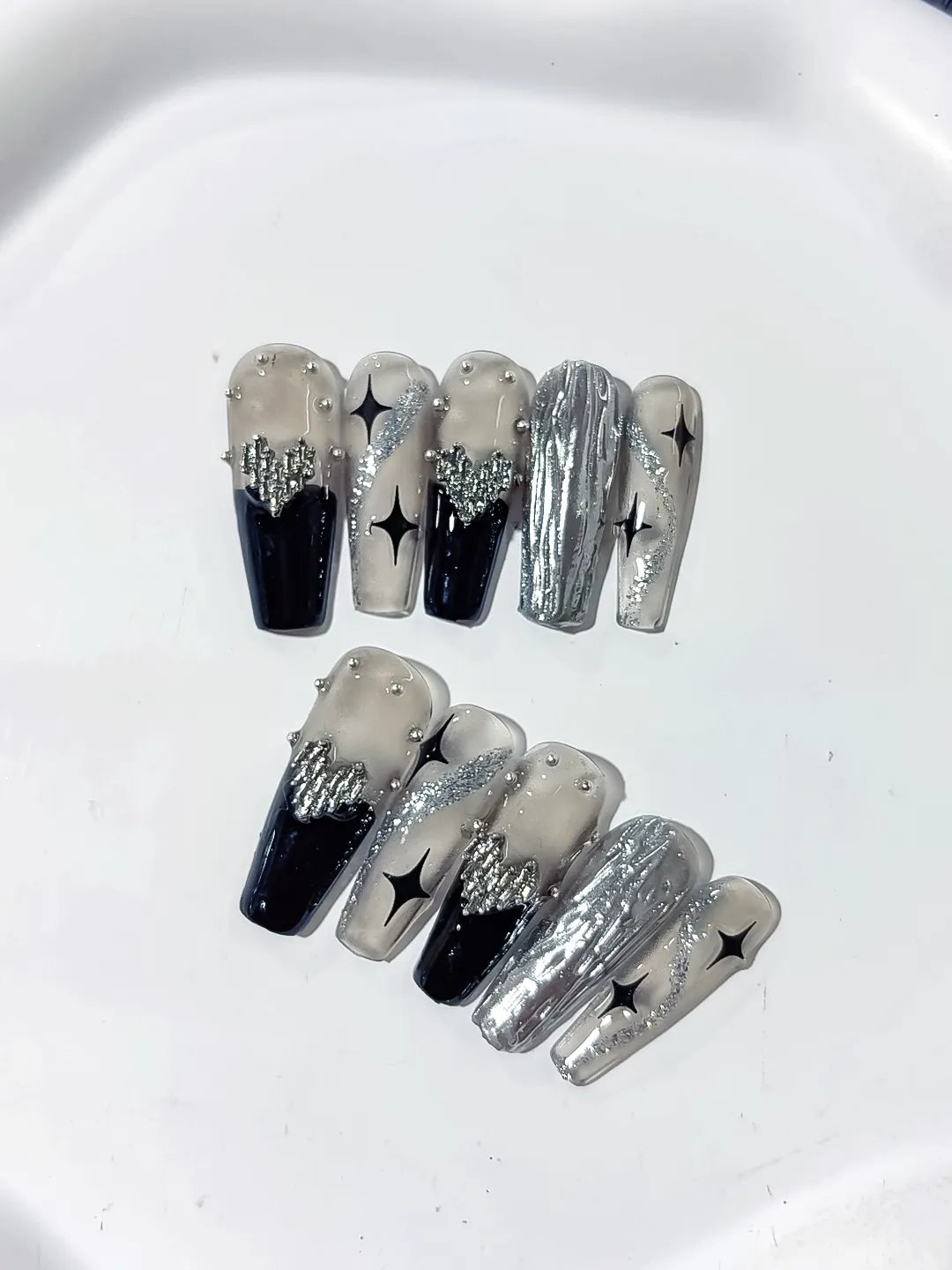 K023 - Long Silver Black Coffin Metallic Rhinestone Star