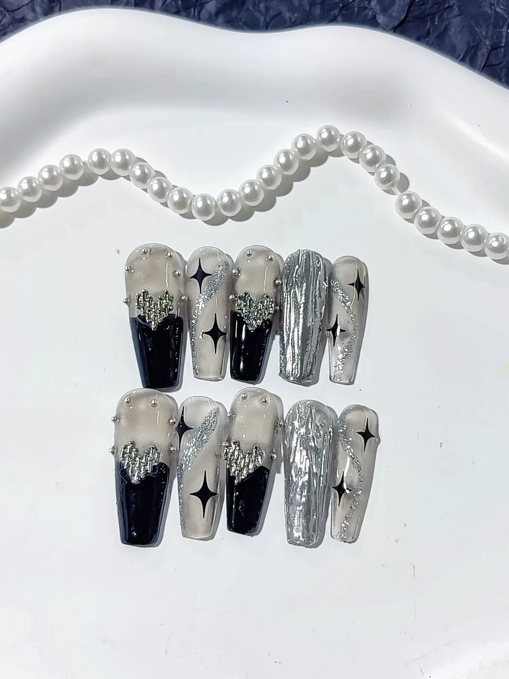 K023 - Long Silver Black Coffin Metallic Rhinestone Star