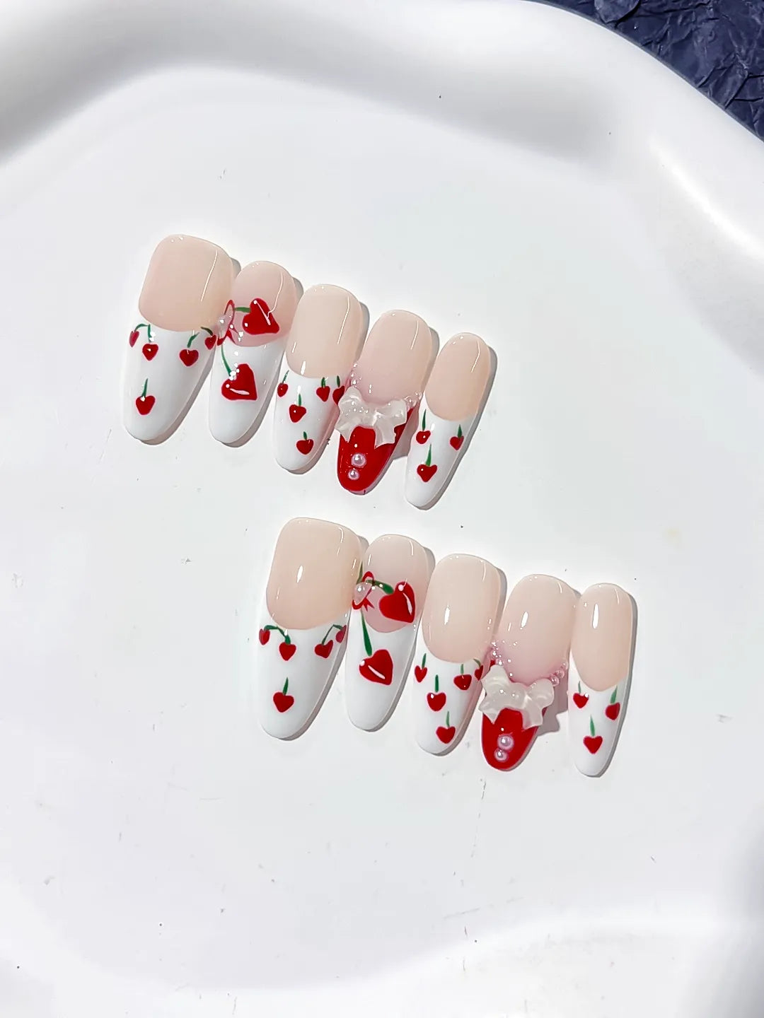 K024 - Long Nude White Oval Floral Cherry Bow