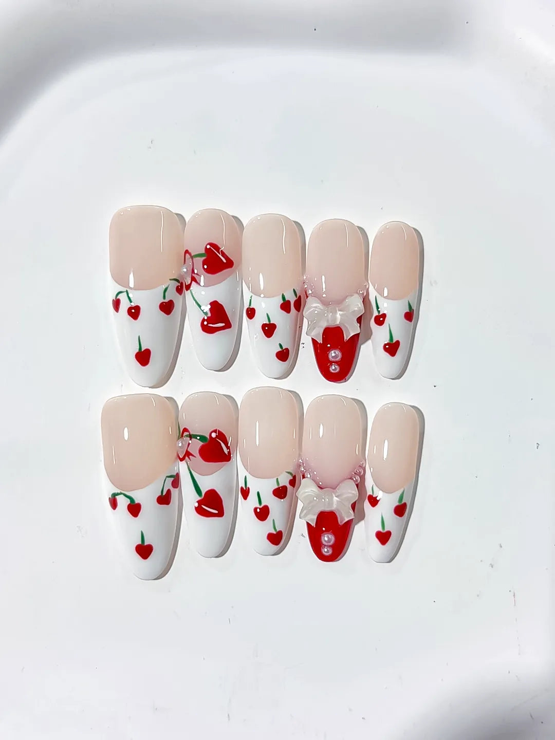 K024 - Long Nude White Oval Floral Cherry Bow