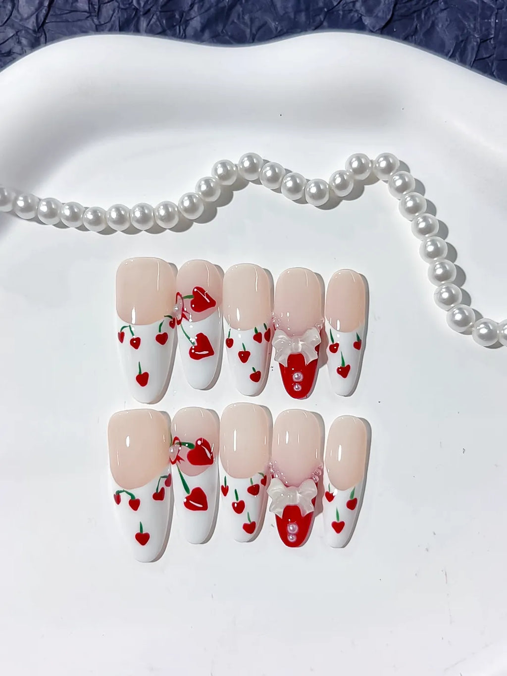 K024 - Long Nude White Oval Floral Cherry Bow