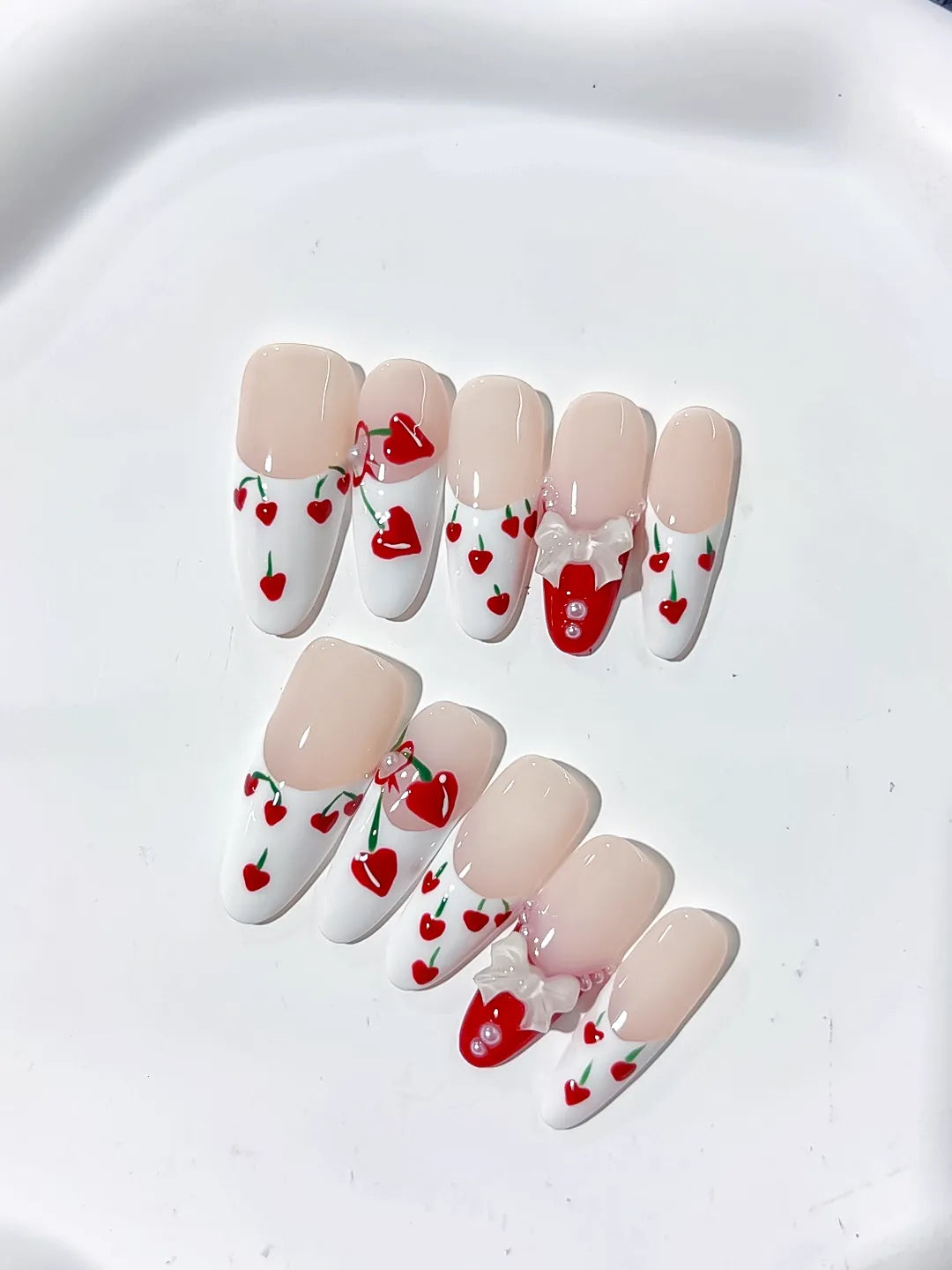 K024 - Long Nude White Oval Floral Cherry Bow