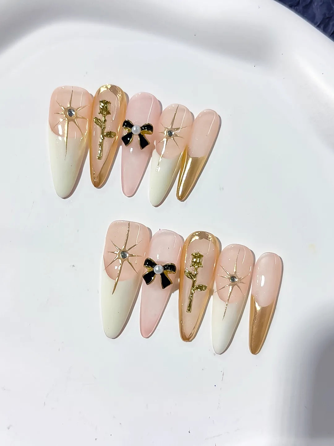 K025 - Long Nude White Stiletto French tip Flower Bow