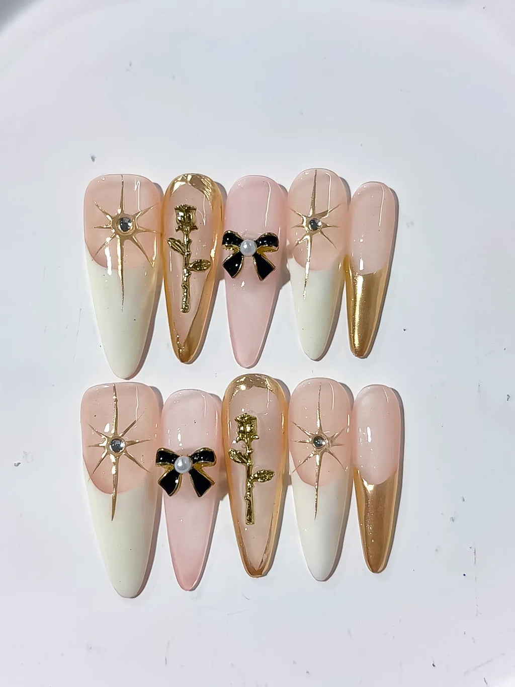 K025 - Long Nude White Stiletto French tip Flower Bow