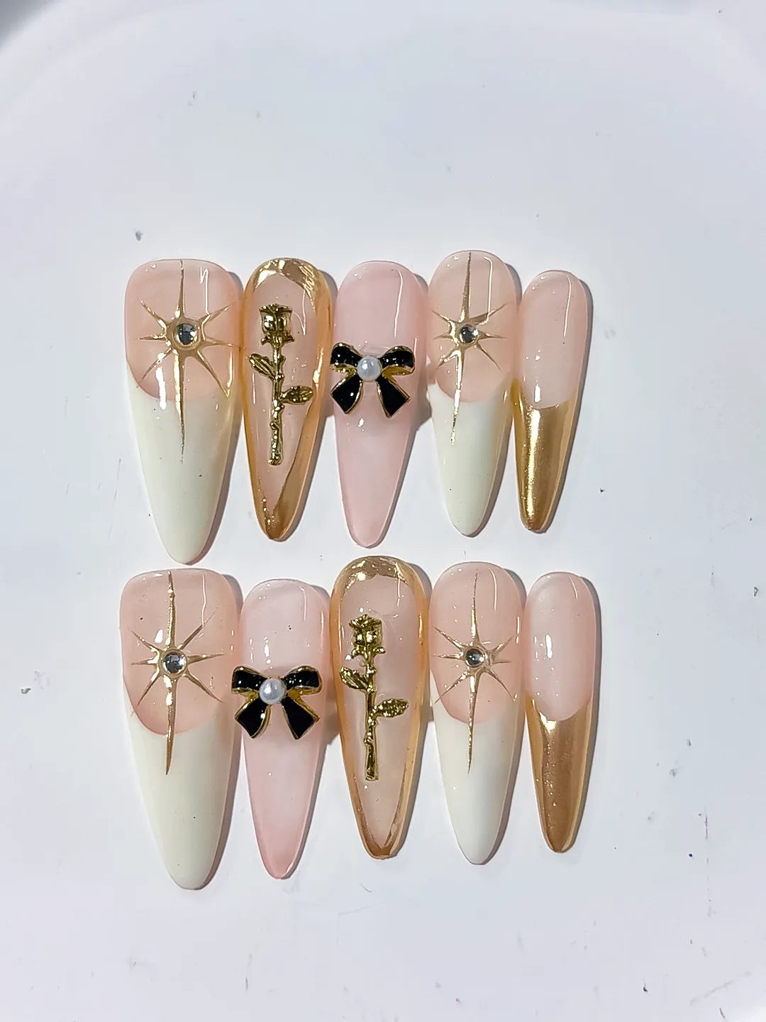K025 - Long Nude White Stiletto French tip Flower Bow
