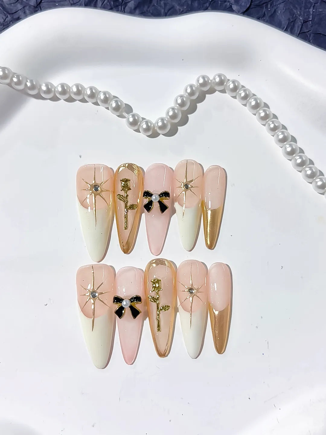 K025 - Long Nude White Stiletto French tip Flower Bow