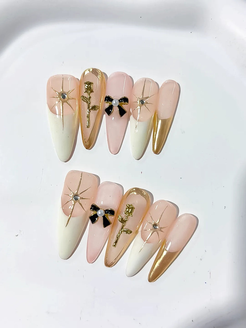 K025 - Long Nude White Stiletto French tip Flower Bow