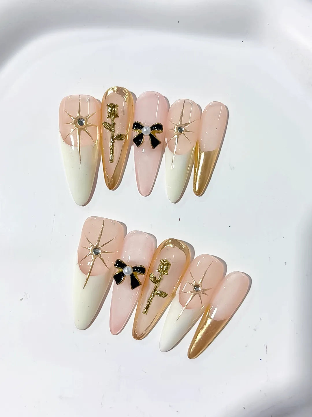 K025 - Long Nude White Stiletto French tip Flower Bow