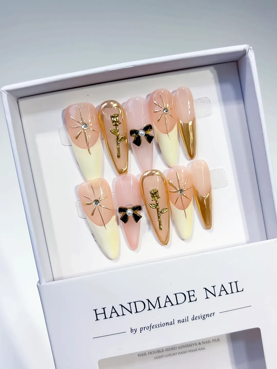 K025 - Long Nude White Stiletto French tip Flower Bow