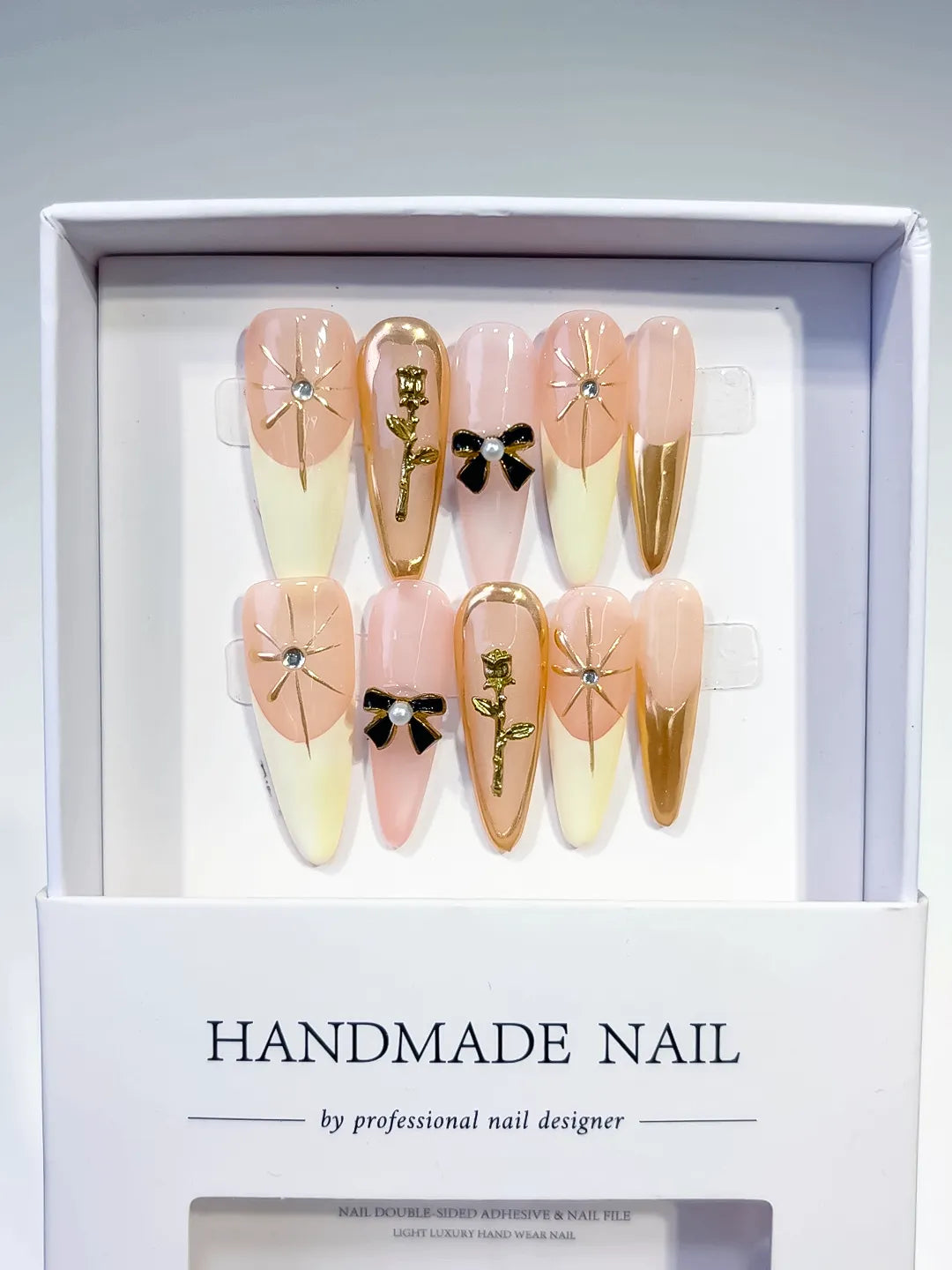 K025 - Long Nude White Stiletto French tip Flower Bow