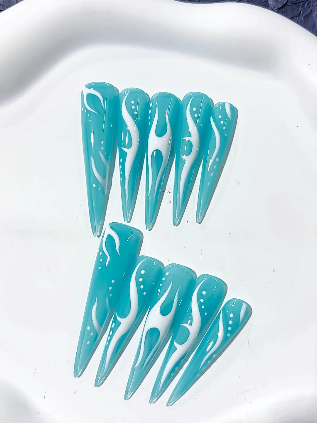 K029 - Long Blue White Stiletto Abstract Flame