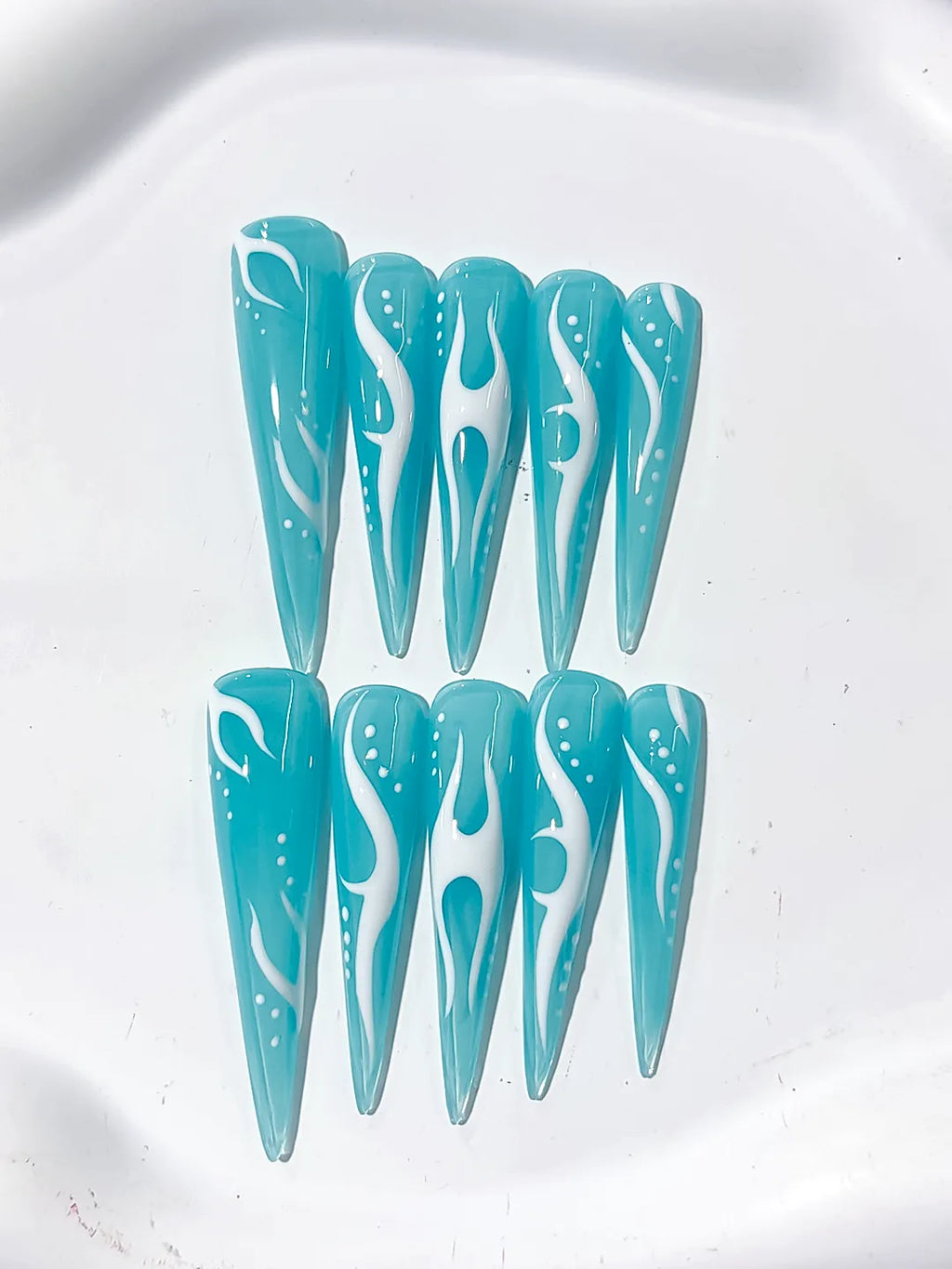 K029 - Long Blue White Stiletto Abstract Flame